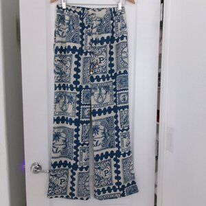 Like New JOIE International Postal Stamp Print Palazzo Wide Leg Pants S Pockets